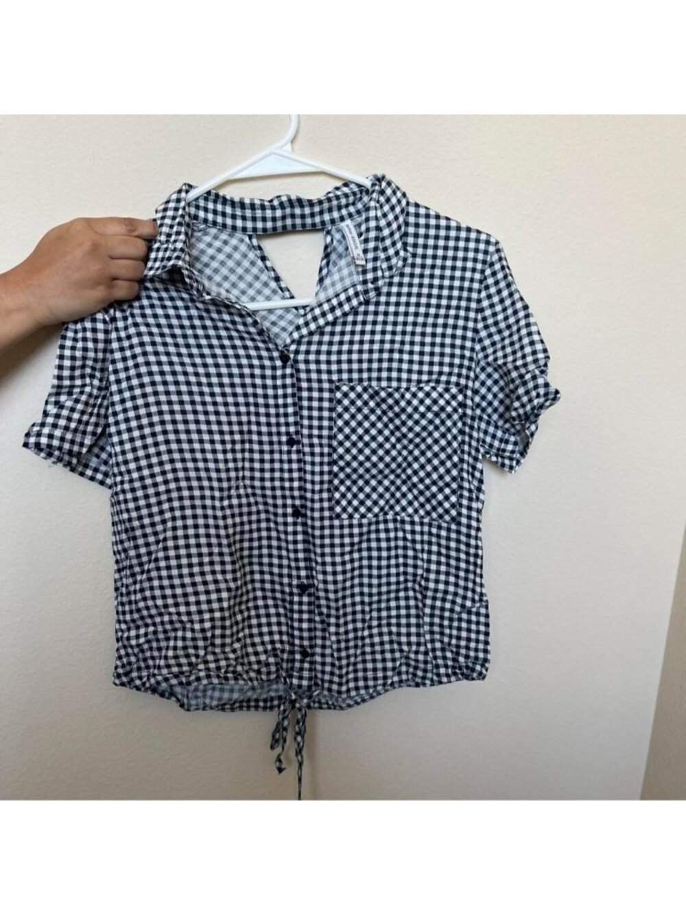 Bershka black and white gingham blouse with tie waist. Size M